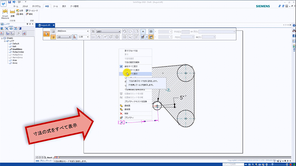 （6）寸法を右クリックし、[式をすべて表示]を選択